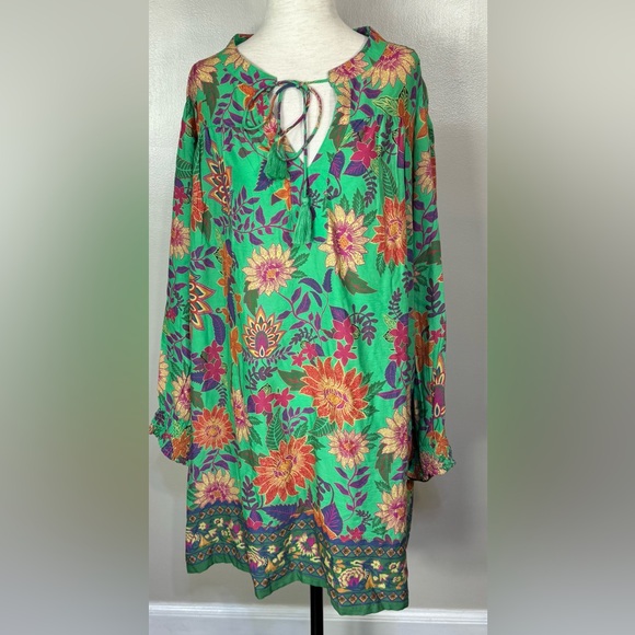Natural Life Sz L Green Dara Floral Tassel Tie V Neck Oversized Mini Dress - Picture 1 of 13